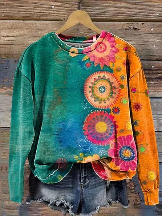 Women's Vintage Love And Peace Flower Art Print Pullover Sweatshirt