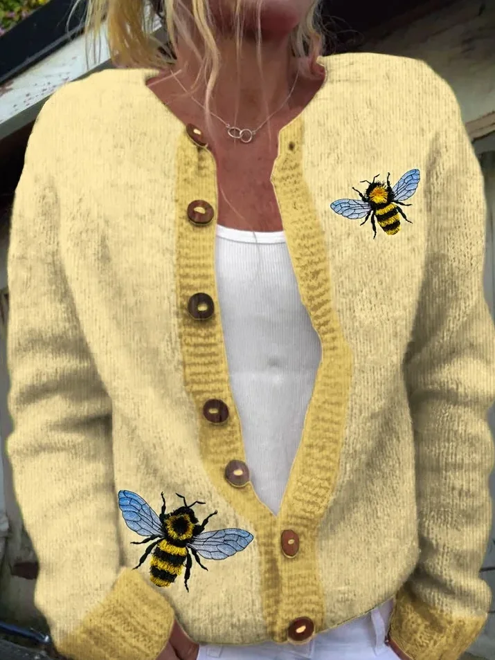 3D Printing Tassel Embroidery Bee Women's Soft Sweater Cardigan