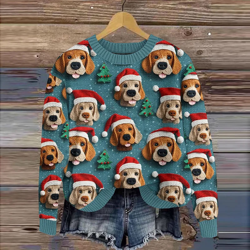 Women's Christmas Dog Art Print Crew Neck Knit Sweater