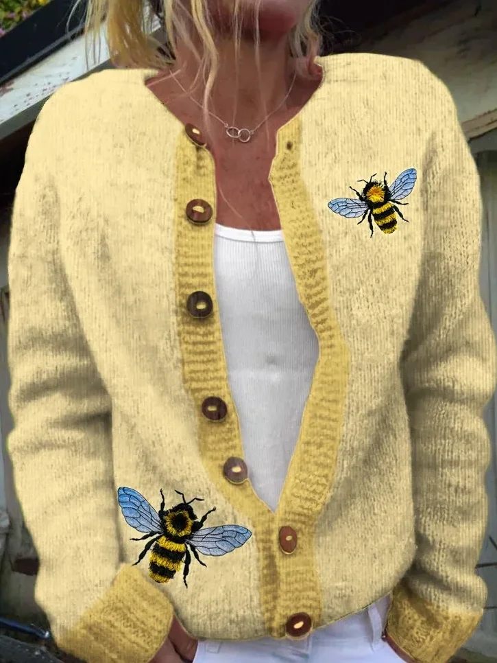 3D Printing Tassel Embroidery Bee Women's Soft Sweater Cardigan