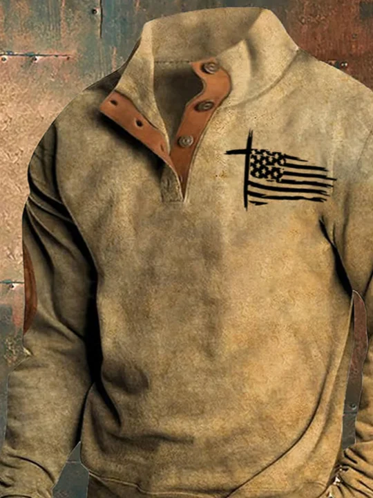 Men's Western Vintage Faith Flag Print Half Collar Sweatshirt