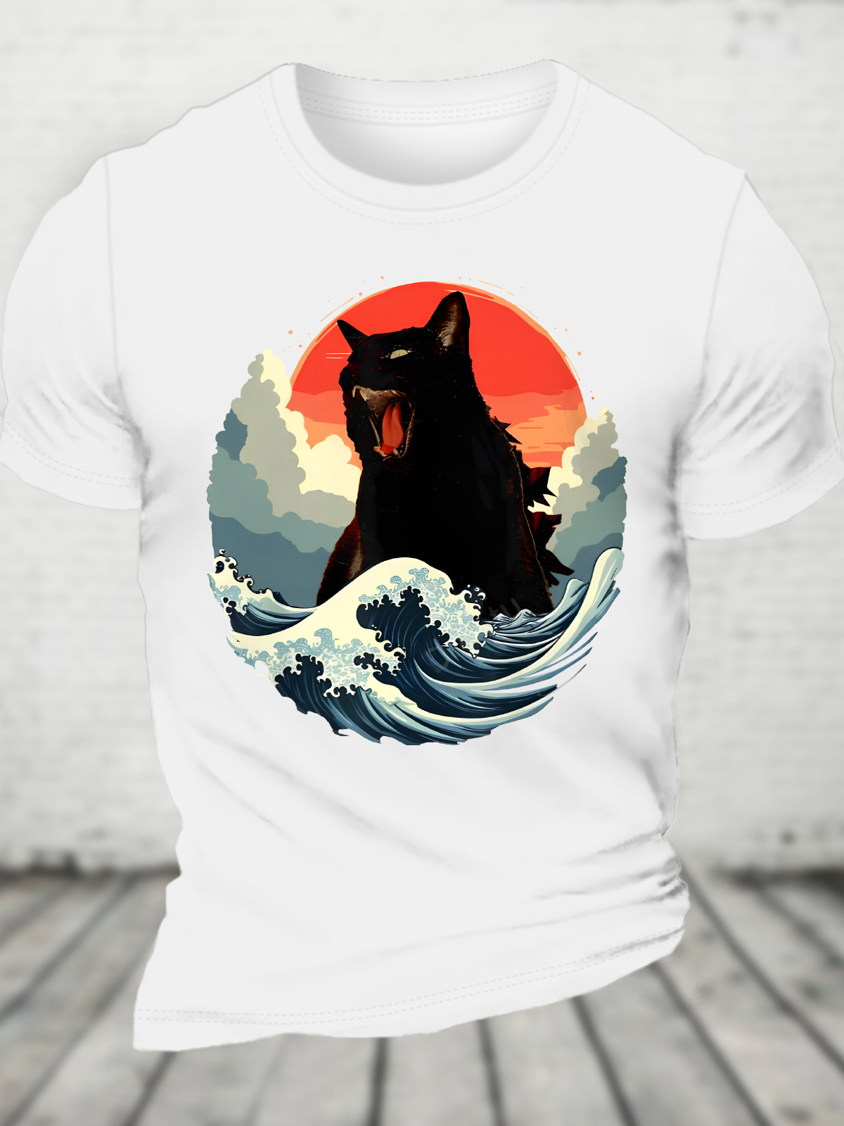 Catzilla Japanese Kaiju Cat The Great Wave Off Kanagawa Cotton T-Shirt