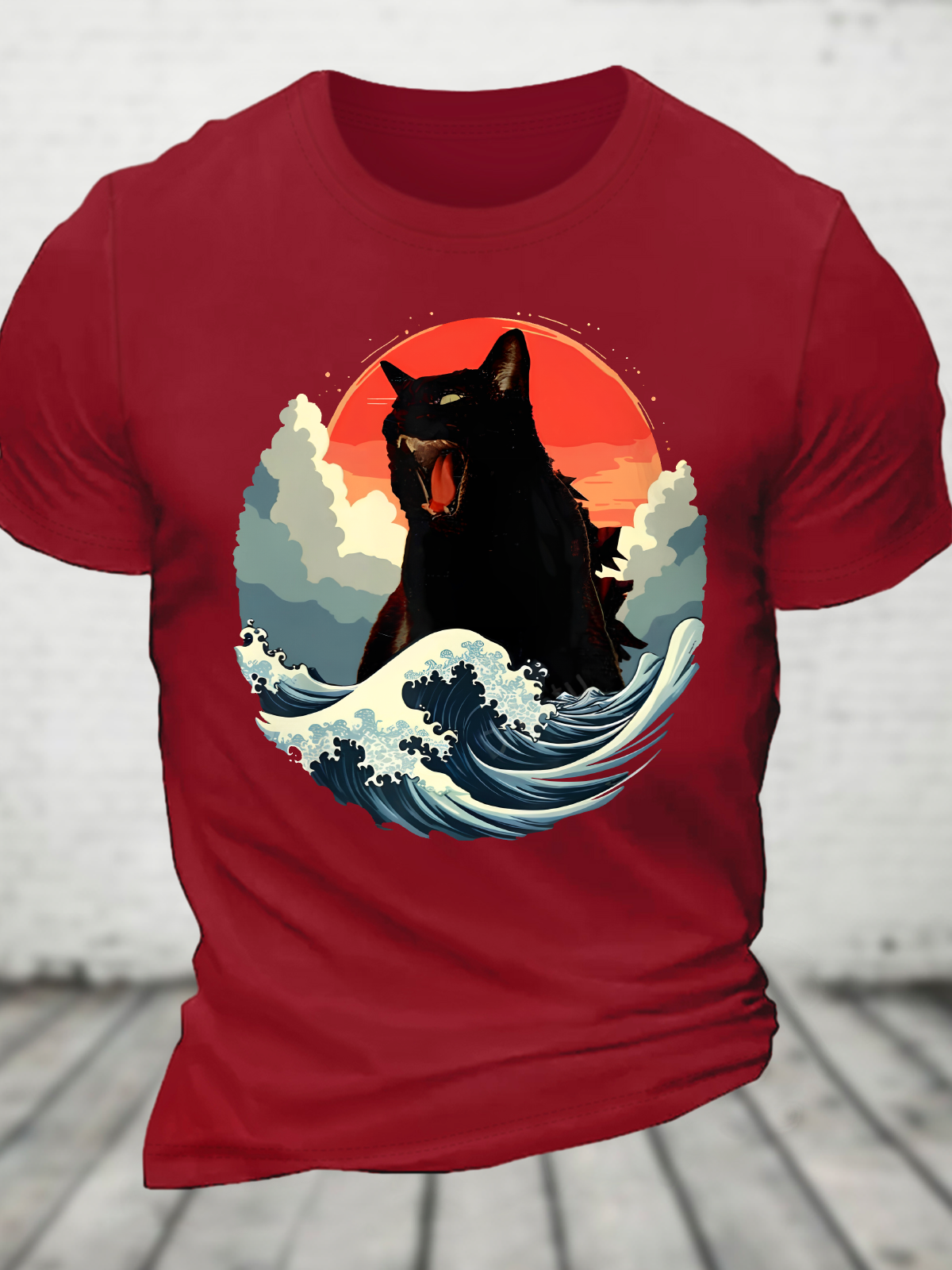 Catzilla Japanese Kaiju Cat The Great Wave Off Kanagawa Cotton T-Shirt