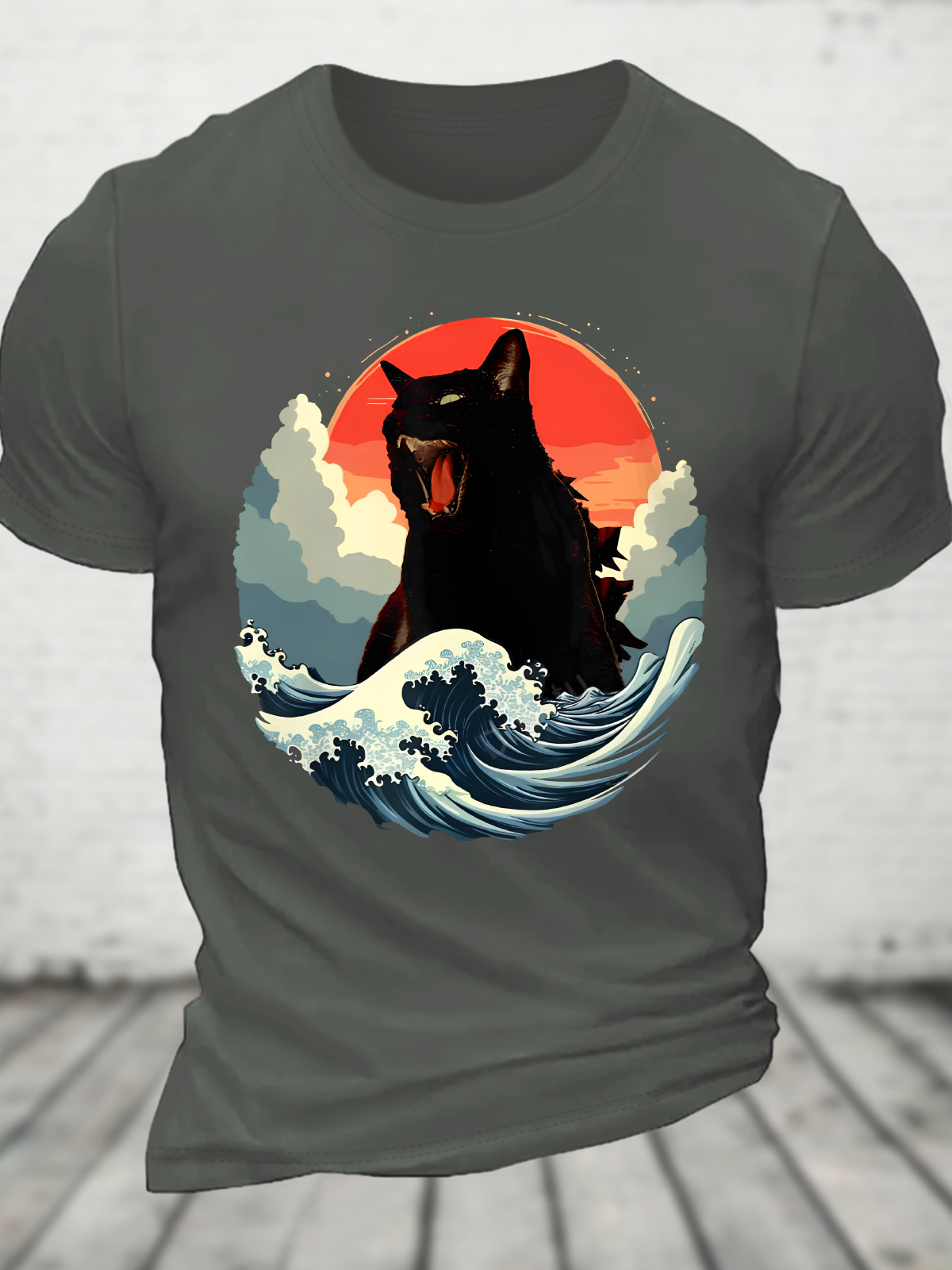 Catzilla Japanese Kaiju Cat The Great Wave Off Kanagawa Cotton T-Shirt