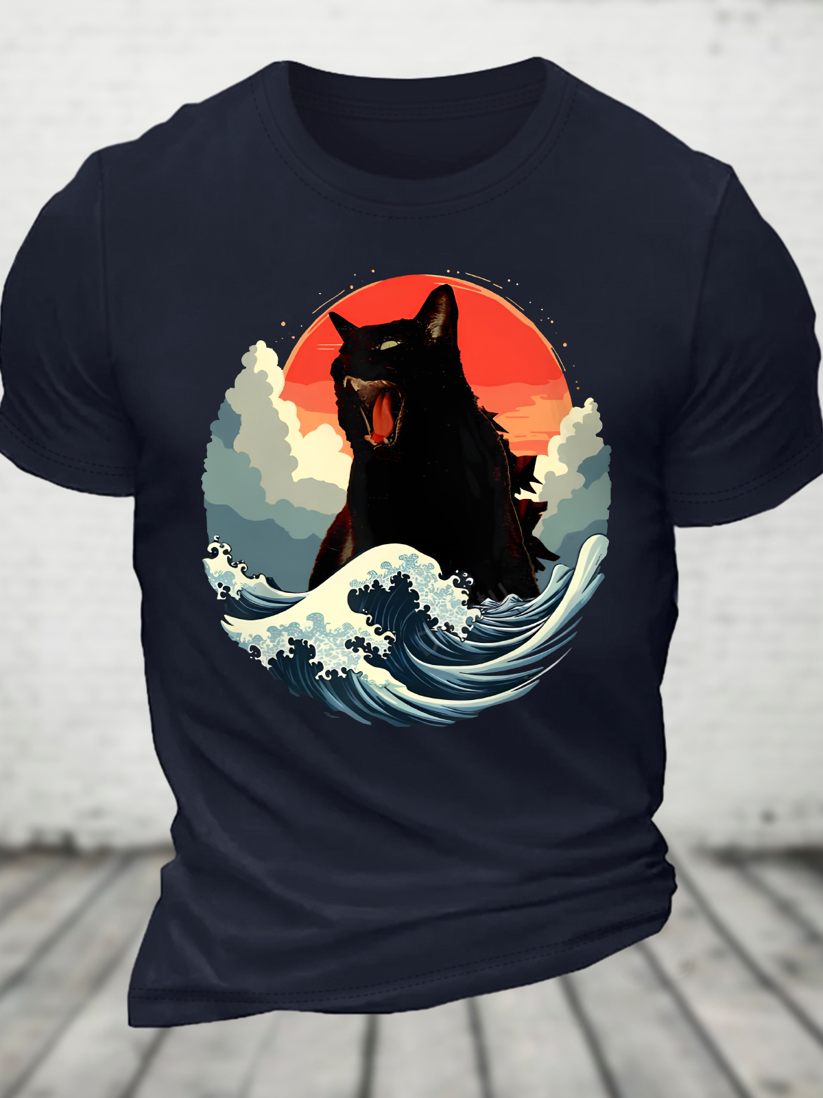 Catzilla Japanese Kaiju Cat The Great Wave Off Kanagawa Cotton T-Shirt