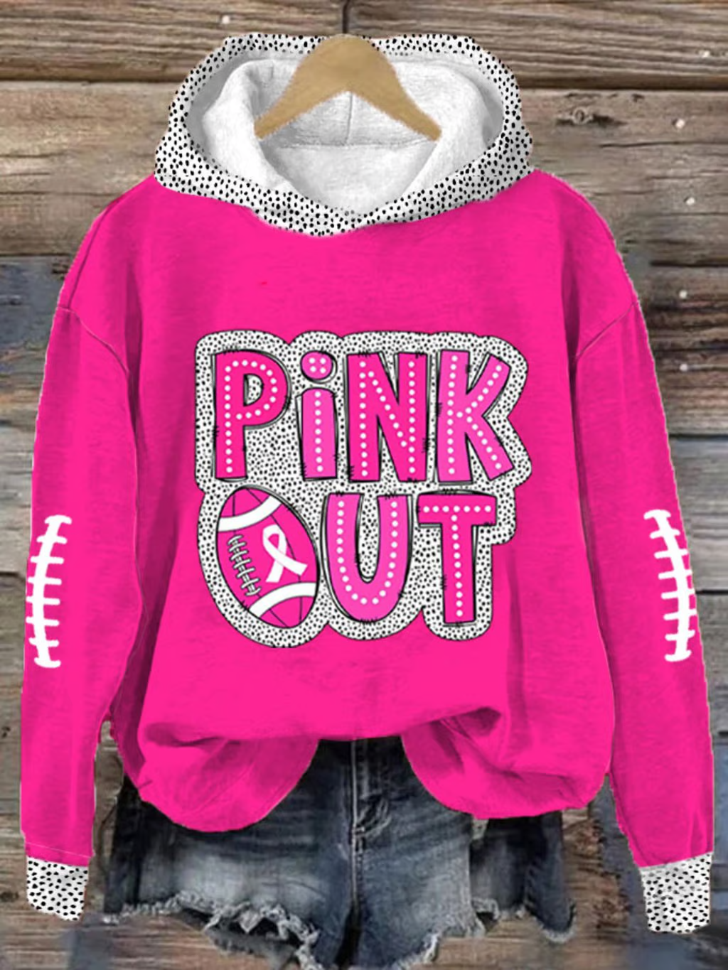 Women's Pink Out Football Breast Cancer Print Hooded Sweatshirt