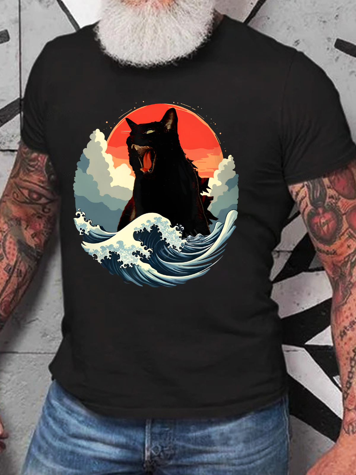 Catzilla Japanese Kaiju Cat The Great Wave Off Kanagawa Cotton T-Shirt