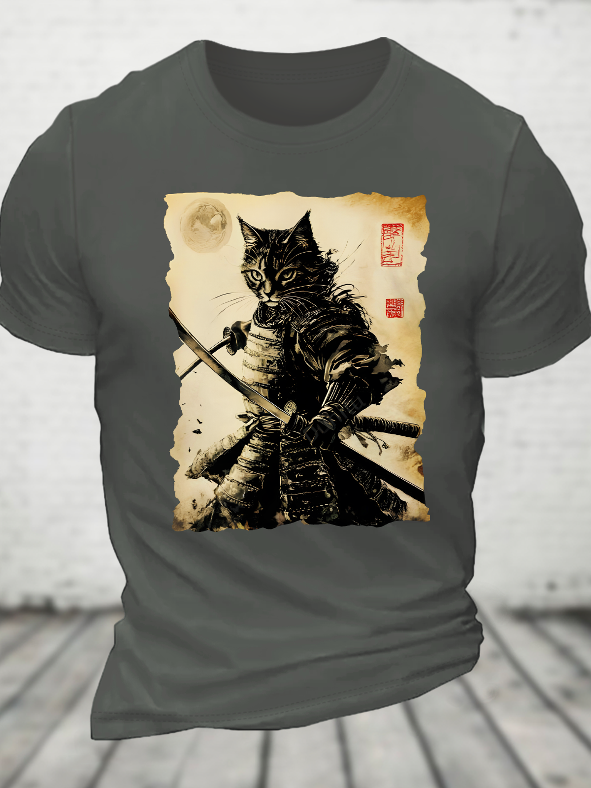 Funny Cat Japanese Samurai Ukiyo-E Art Cotton T-Shirt