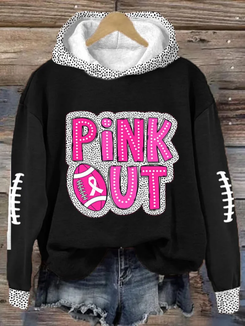 Women's Pink Out Football Breast Cancer Print Hooded Sweatshirt