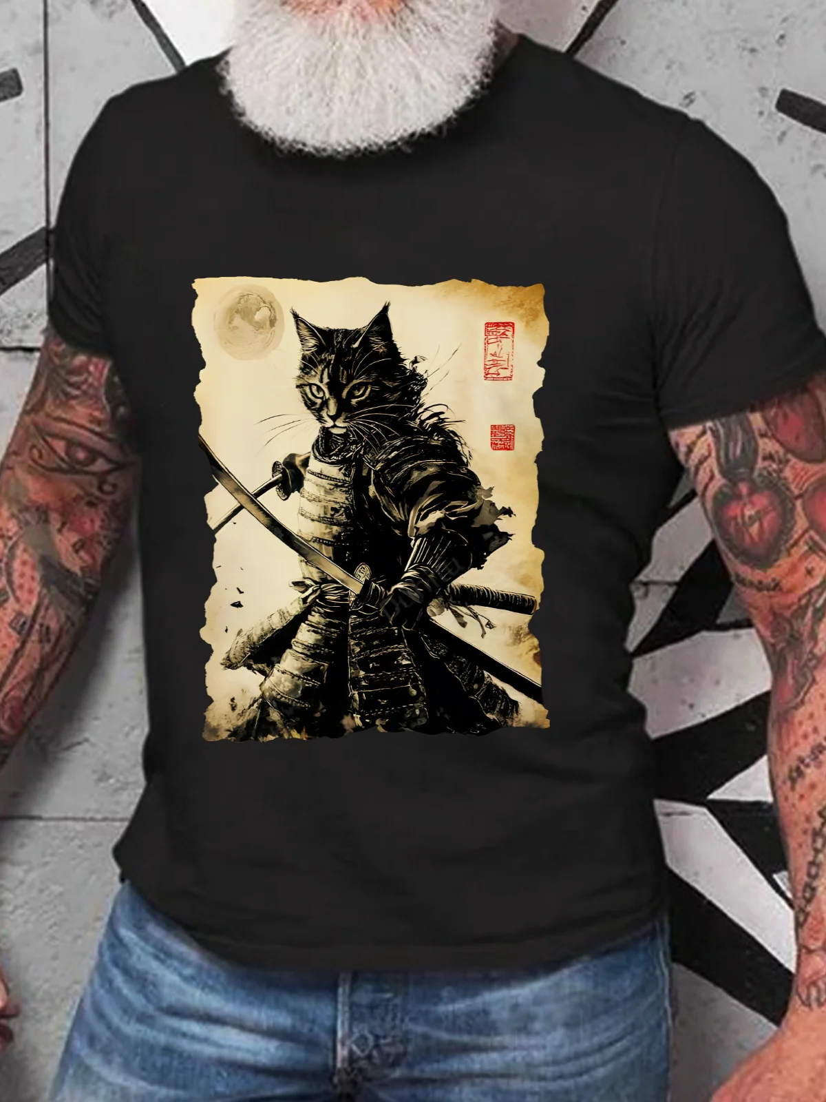 Funny Cat Japanese Samurai Ukiyo-E Art Cotton T-Shirt