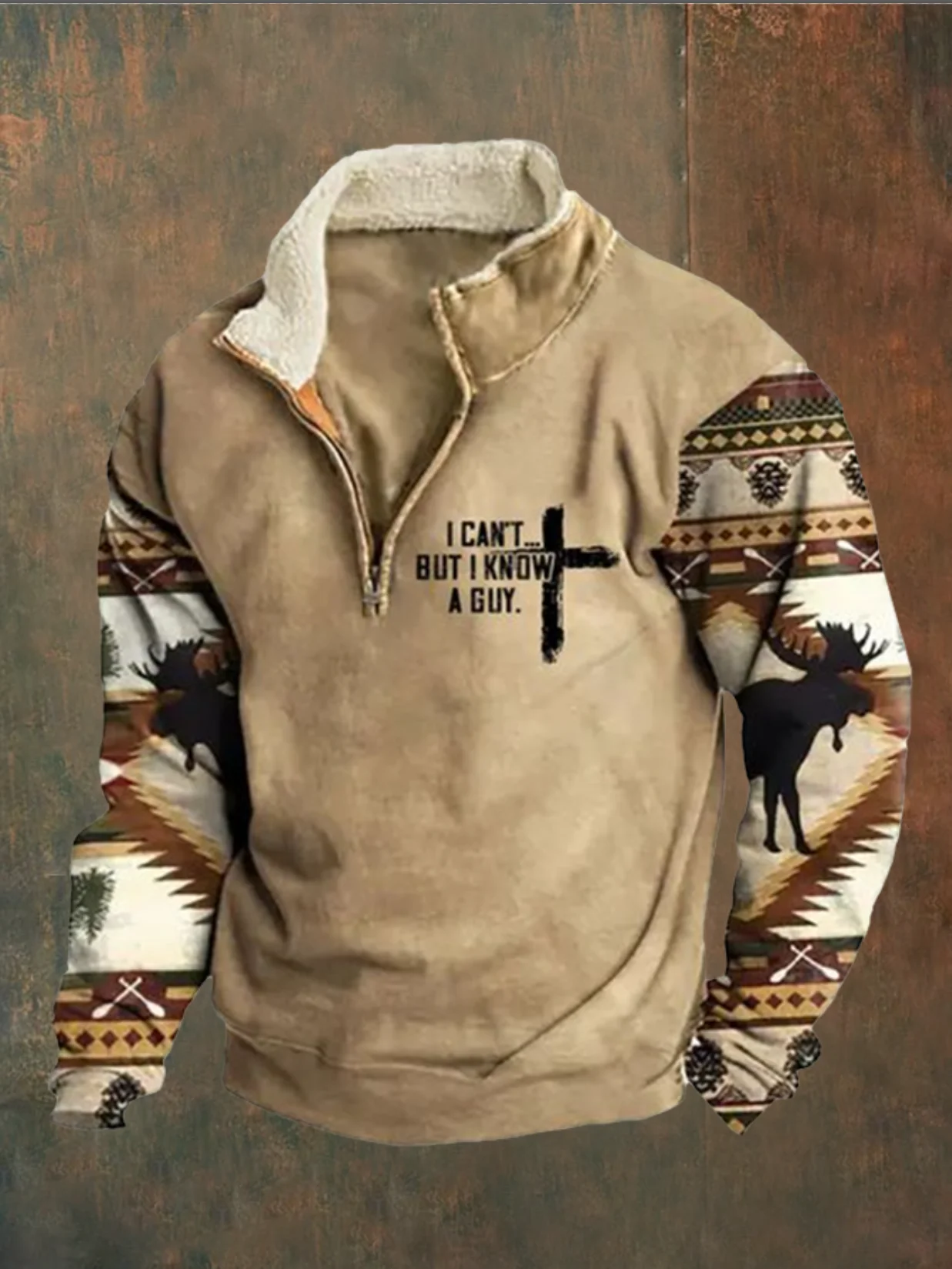 Men's Retro Western Faith Print Zipper Half Collar Sweatshirt