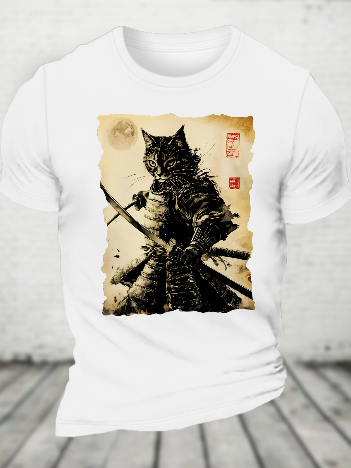 Funny Cat Japanese Samurai Ukiyo-E Art Cotton T-Shirt