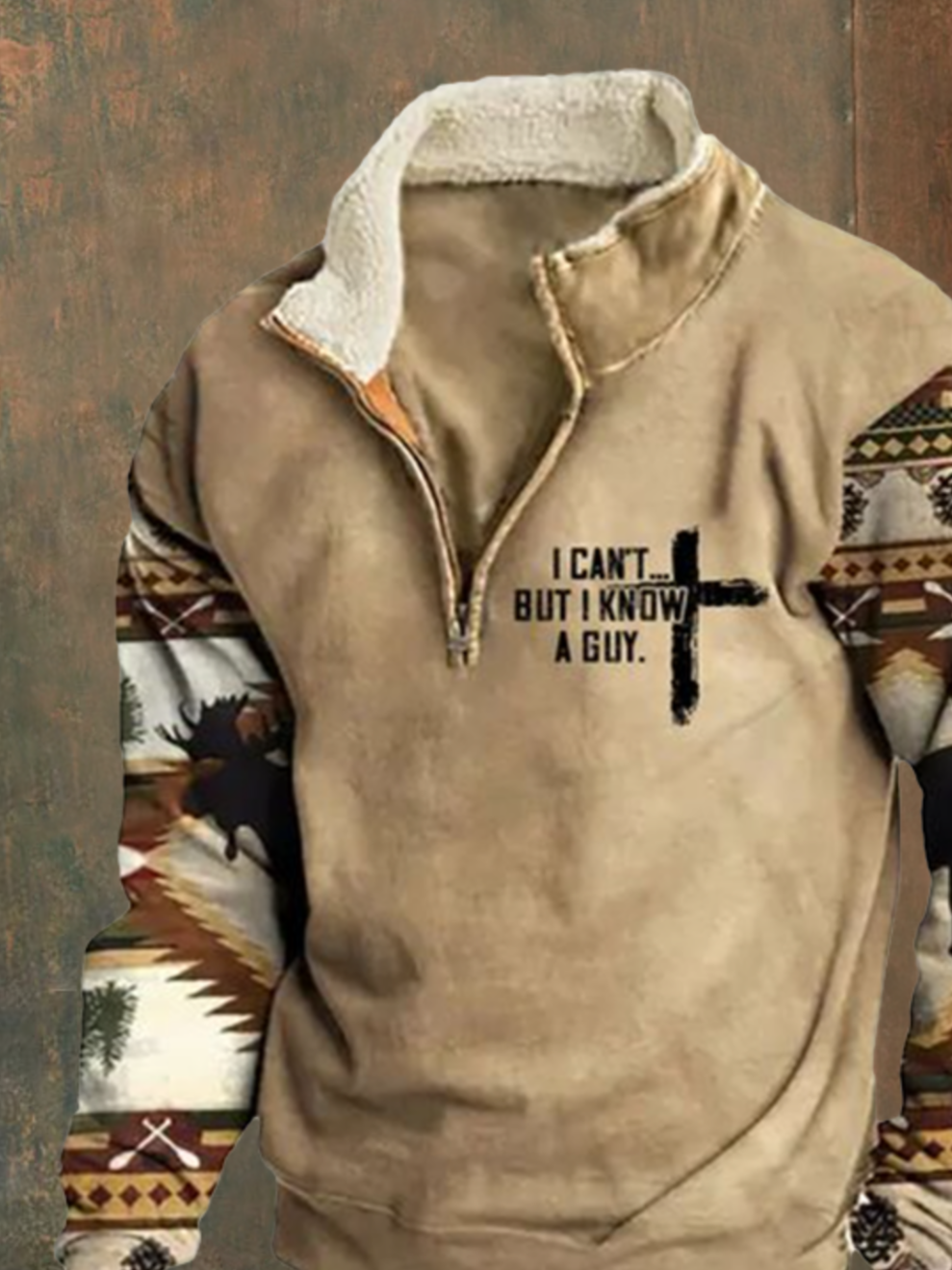 Men's Retro Western Faith Print Zipper Half Collar Sweatshirt