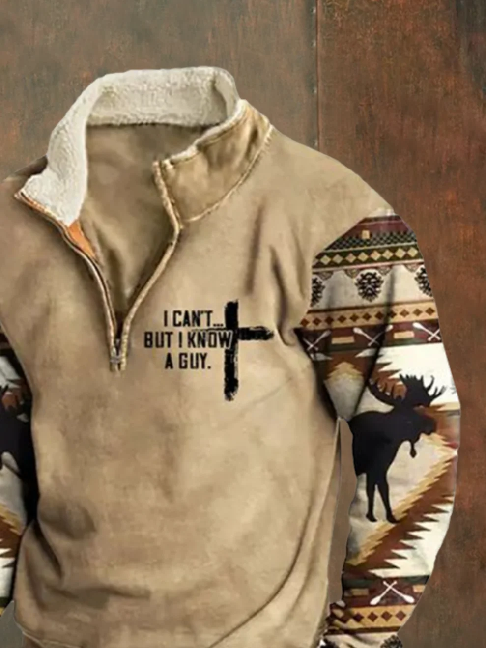 Men's Retro Western Faith Print Zipper Half Collar Sweatshirt