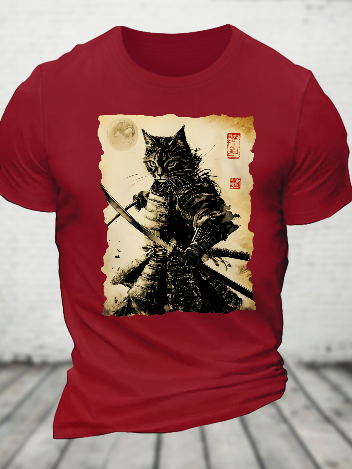 Funny Cat Japanese Samurai Ukiyo-E Art Cotton T-Shirt