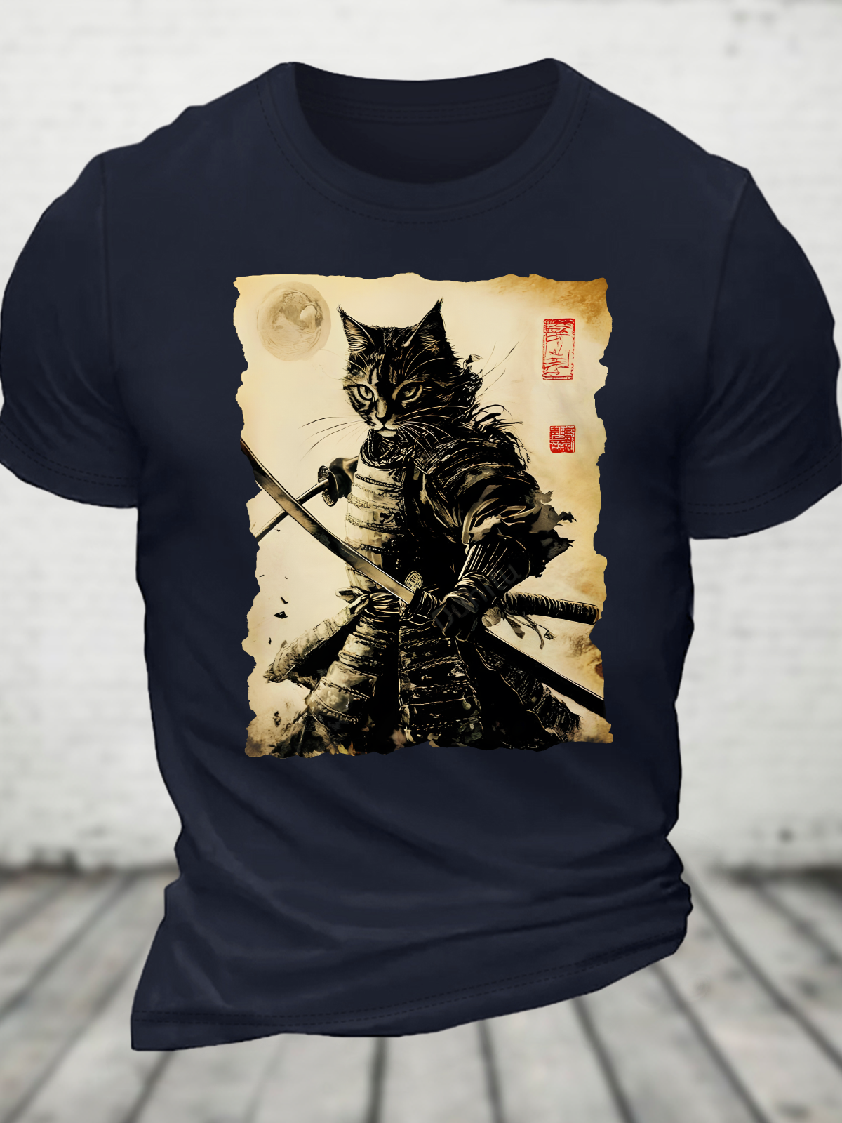 Funny Cat Japanese Samurai Ukiyo-E Art Cotton T-Shirt