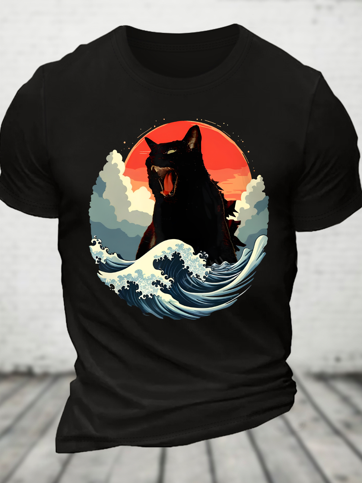 Catzilla Japanese Kaiju Cat The Great Wave Off Kanagawa Cotton T-Shirt