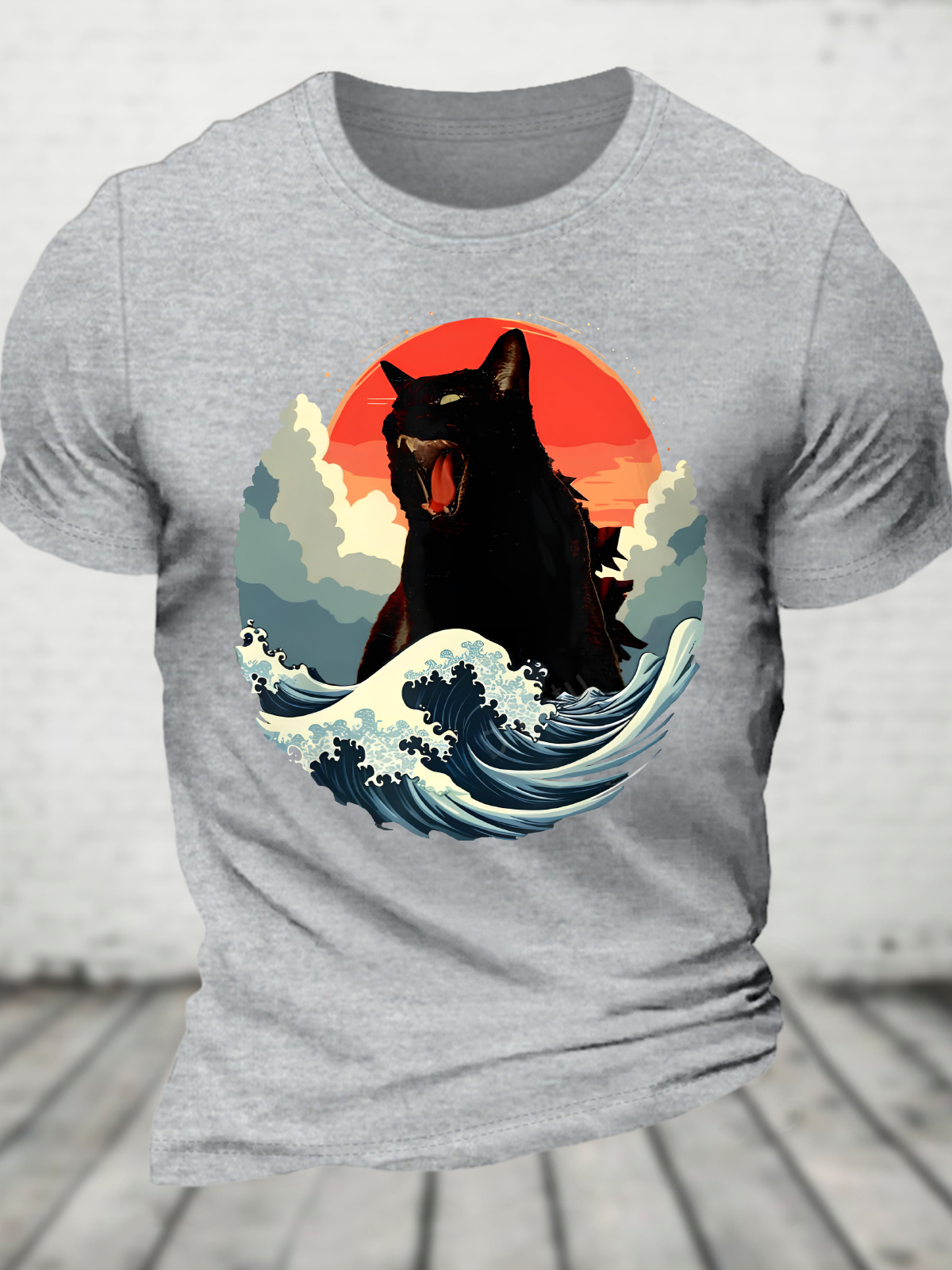 Catzilla Japanese Kaiju Cat The Great Wave Off Kanagawa Cotton T-Shirt