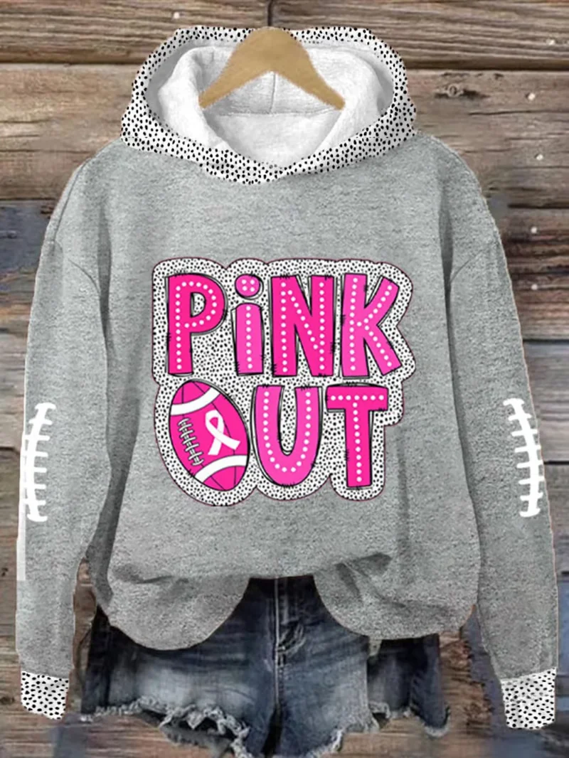 Women's Pink Out Football Breast Cancer Print Hooded Sweatshirt