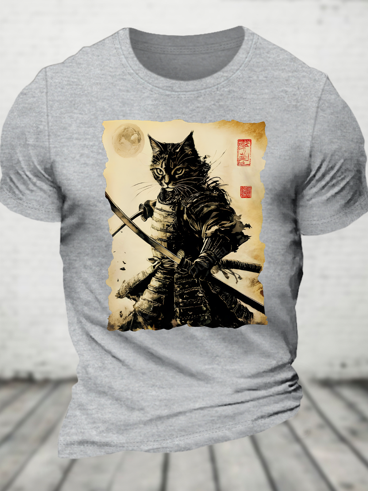 Funny Cat Japanese Samurai Ukiyo-E Art Cotton T-Shirt