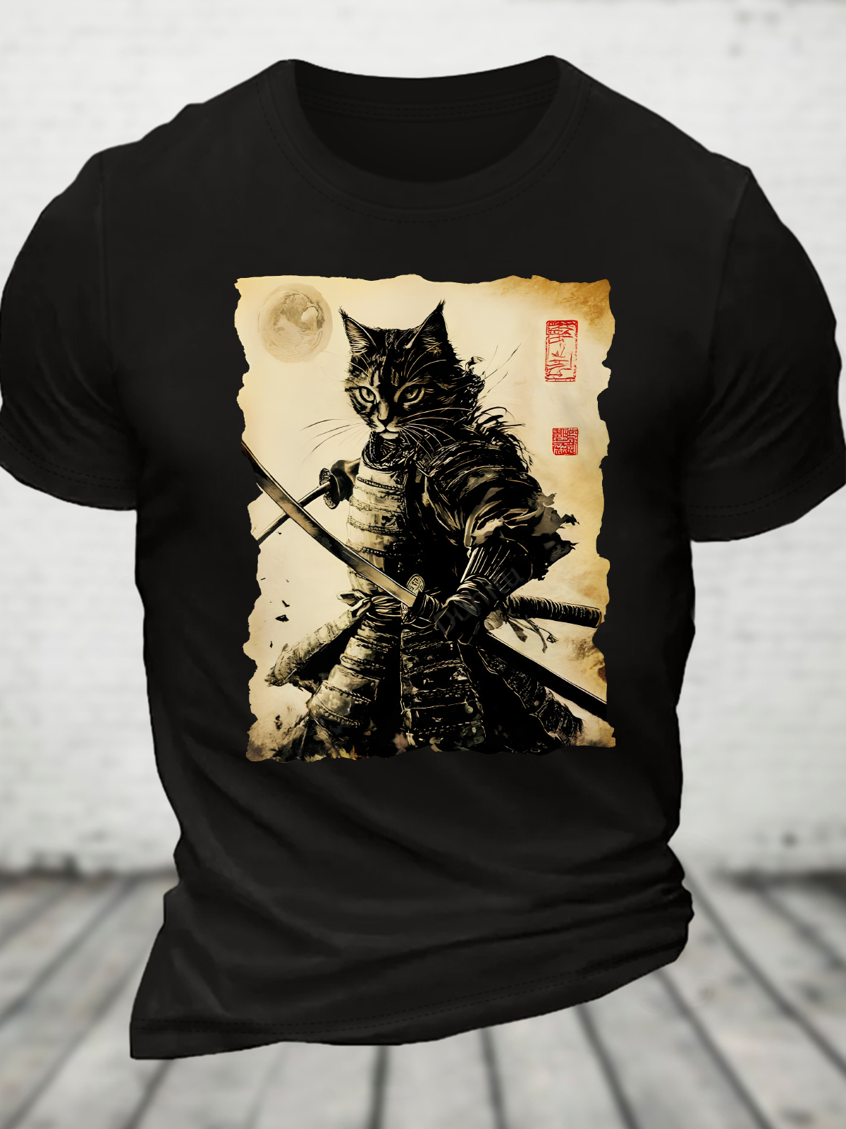 Funny Cat Japanese Samurai Ukiyo-E Art Cotton T-Shirt