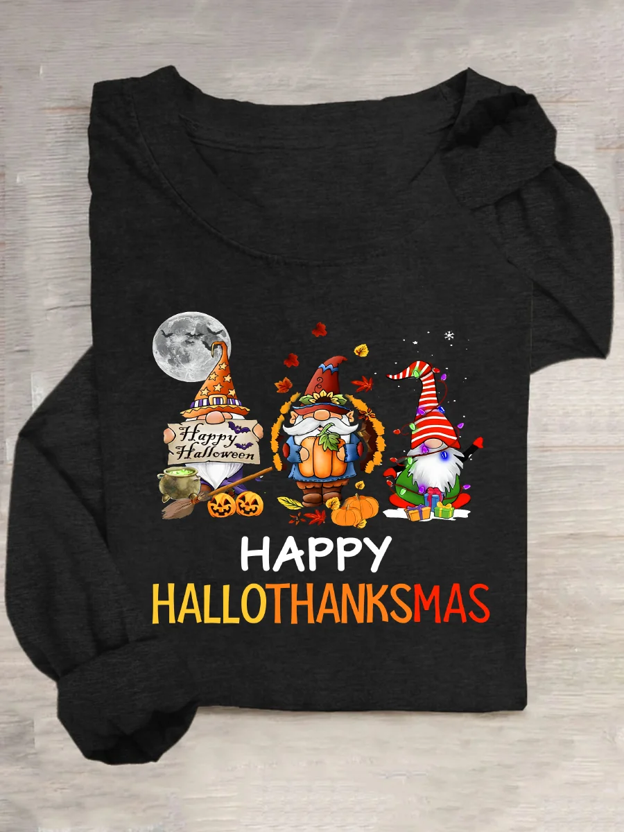 Happy Hallothanksmas Halloween Thanksgiving Christmas Gnome Casual Long Sleeve Shirt