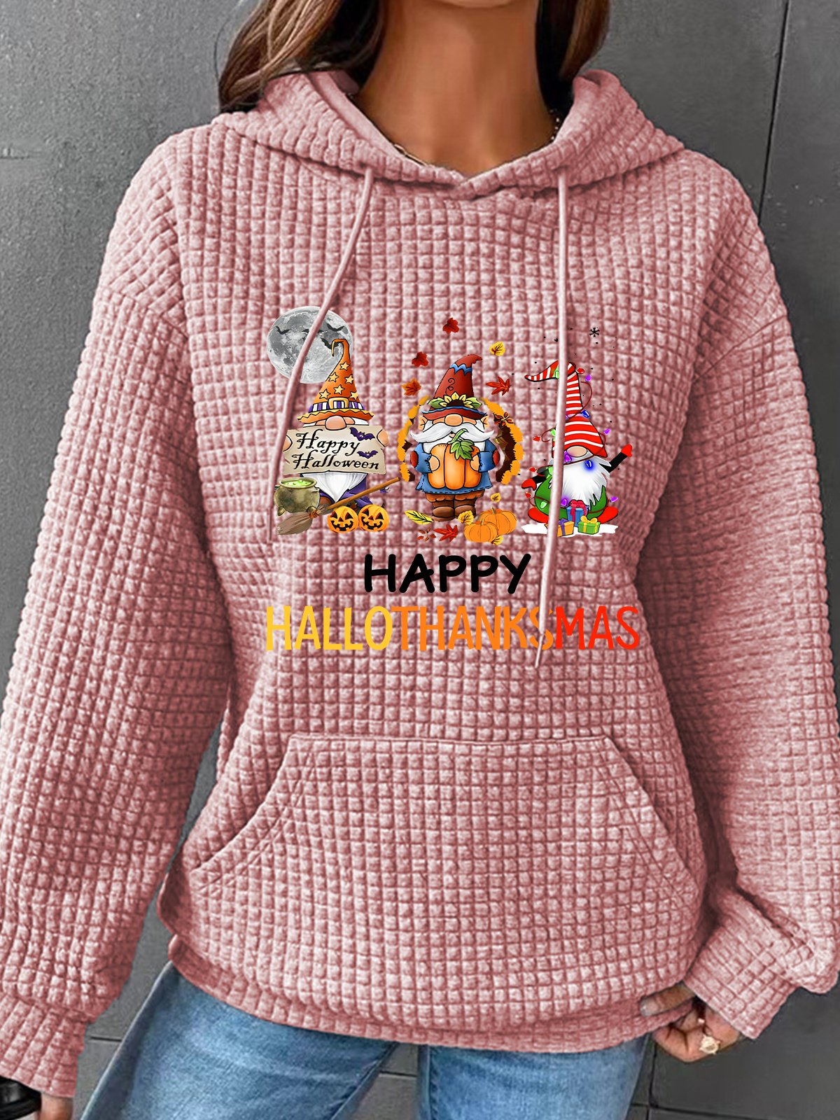 Happy Hallothanksmas Halloween Thanksgiving Christmas Gnome Simple Loose Hoodie