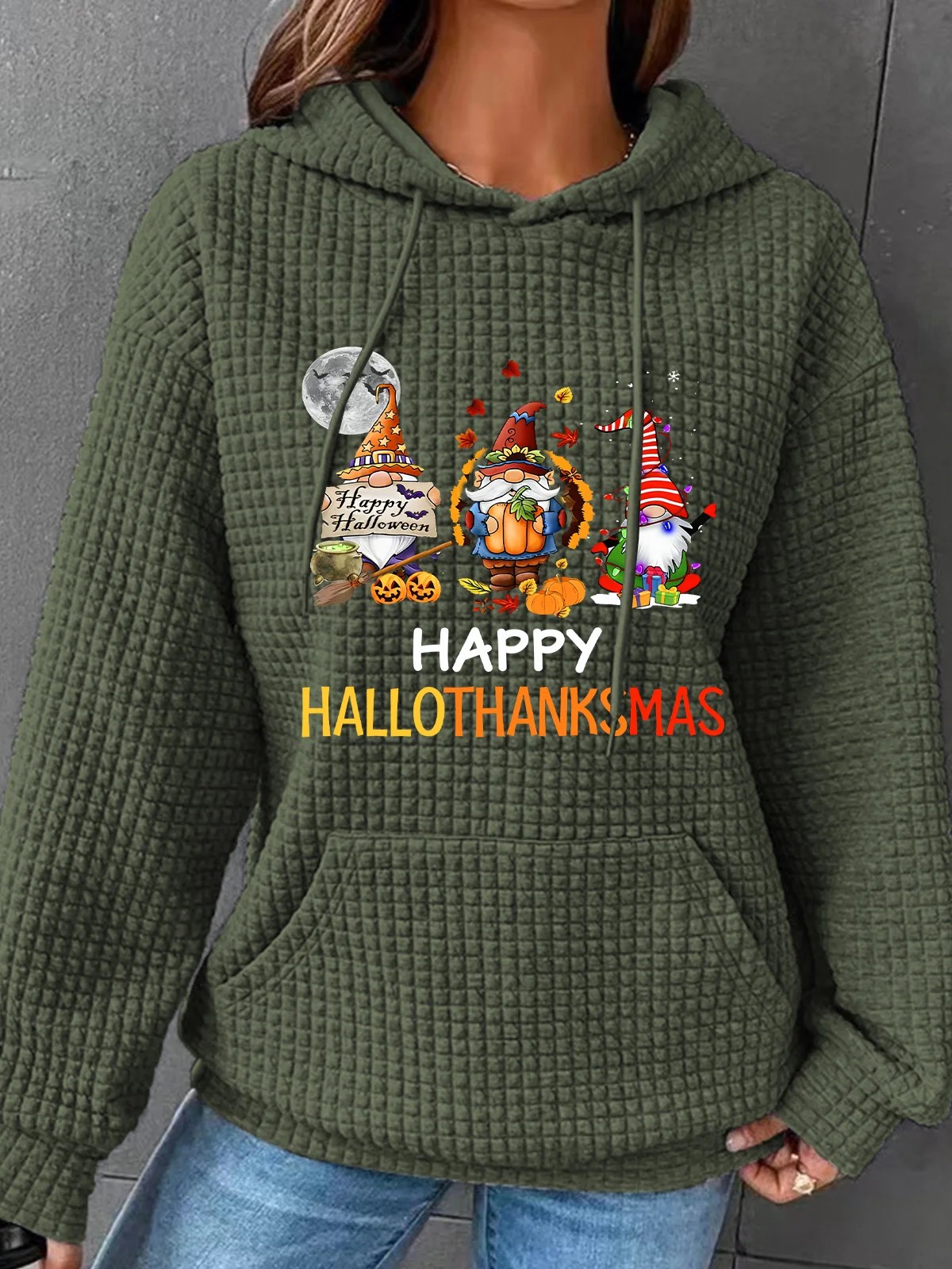 Happy Hallothanksmas Halloween Thanksgiving Christmas Gnome Simple Loose Hoodie