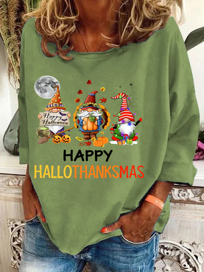 Happy Hallothanksmas Halloween Thanksgiving Christmas Gnome Casual Sweatshirt