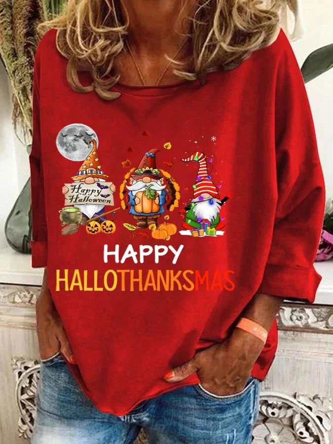 Happy Hallothanksmas Halloween Thanksgiving Christmas Gnome Casual Sweatshirt