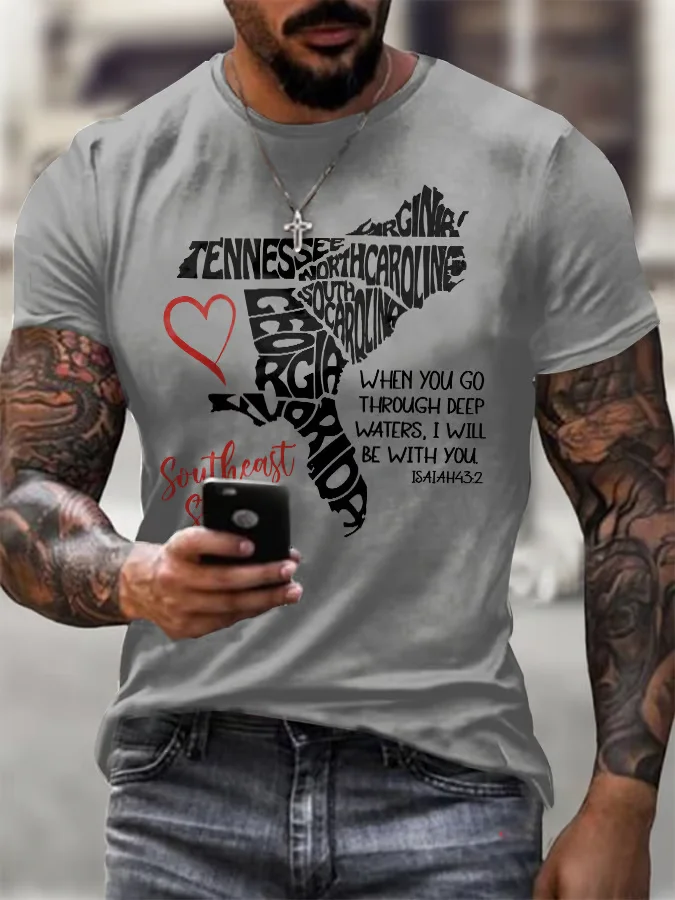 Men's Retro Southeast Strong When You Go Through Deep Waters, I Will Be With You Isaiah 43:2 Tennessee Georgia, South Carolina, North Carolina, , Virginia, Florida Print T-Shirt