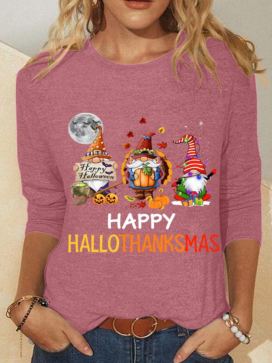 Happy Hallothanksmas Halloween Thanksgiving Christmas Gnome Casual Long Sleeve Shirt