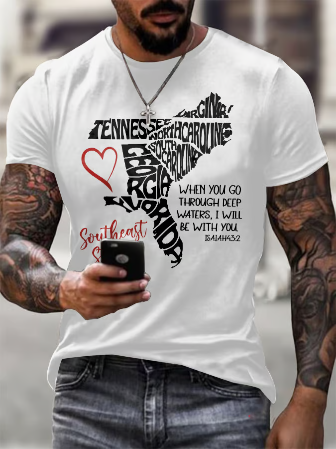 Men's Retro Southeast Strong When You Go Through Deep Waters, I Will Be With You Isaiah 43:2 Tennessee Georgia, South Carolina, North Carolina, , Virginia, Florida Print T-Shirt