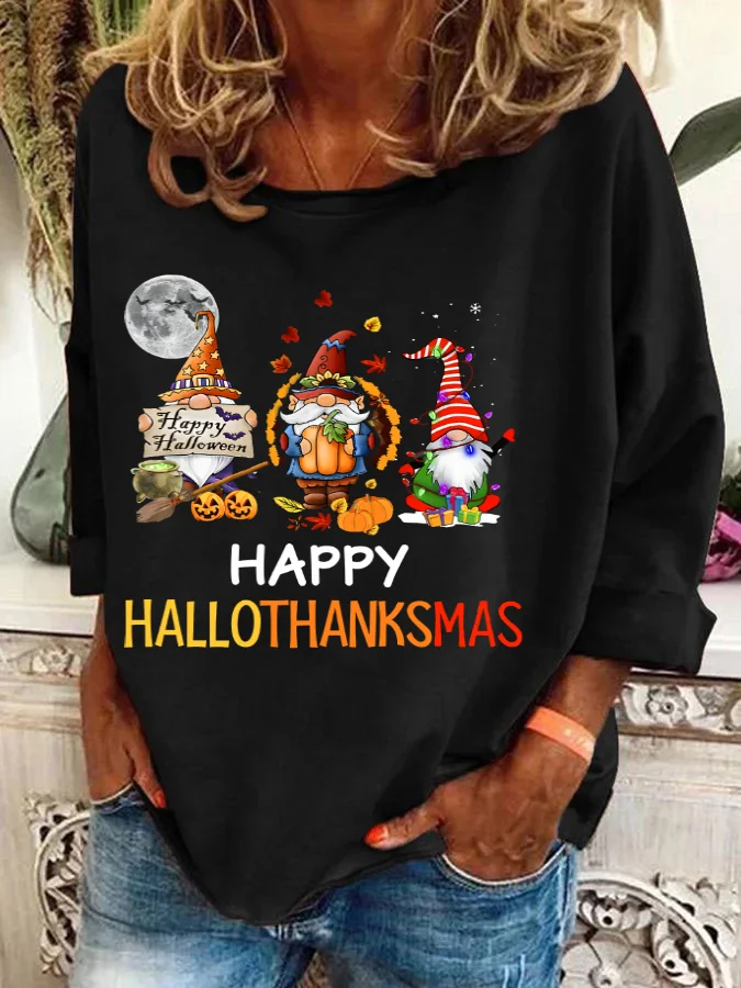 Happy Hallothanksmas Halloween Thanksgiving Christmas Gnome Casual Sweatshirt