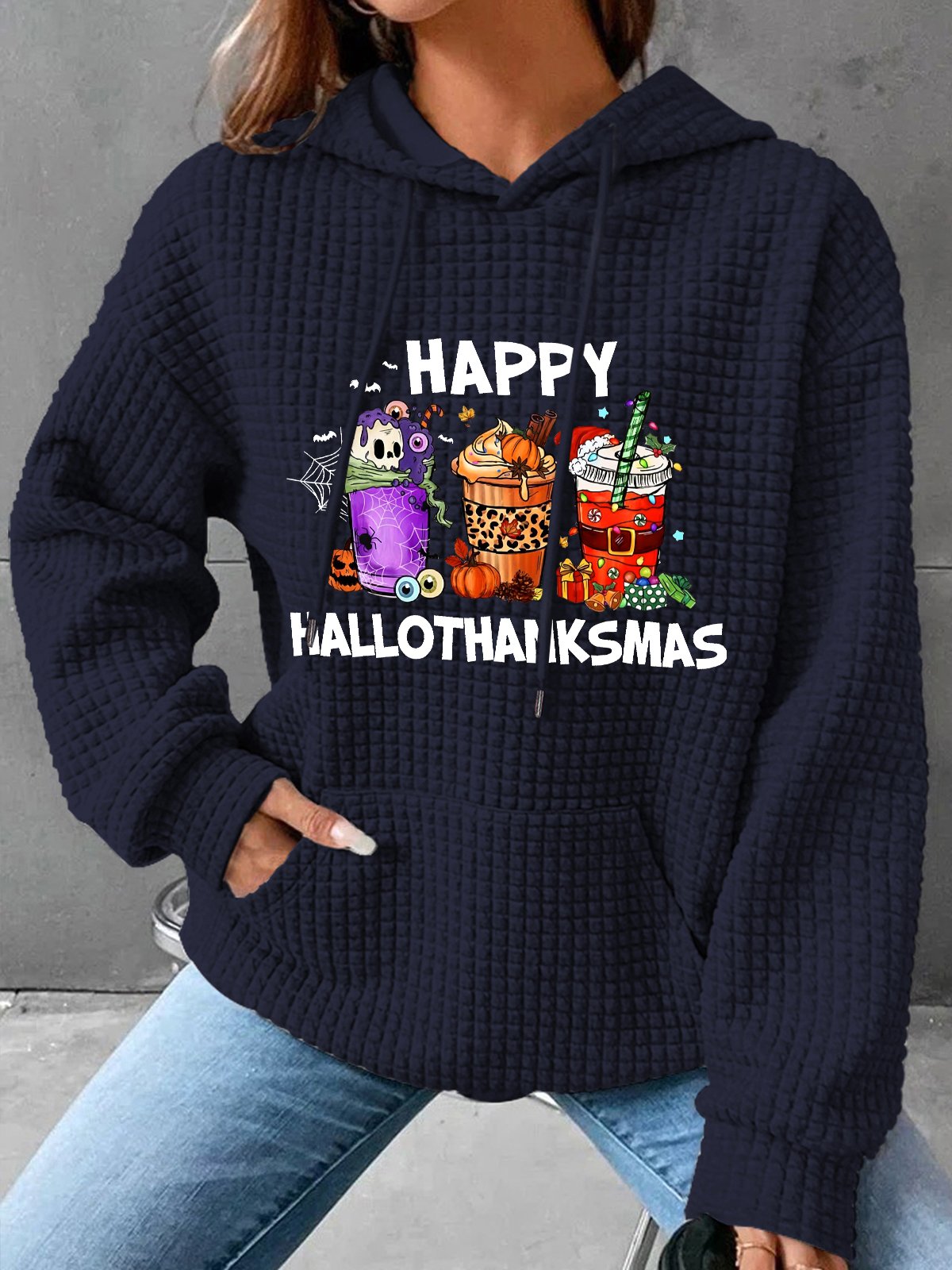 Happy Hallothanksmas For Coffee Lover Simple Loose Hoodie