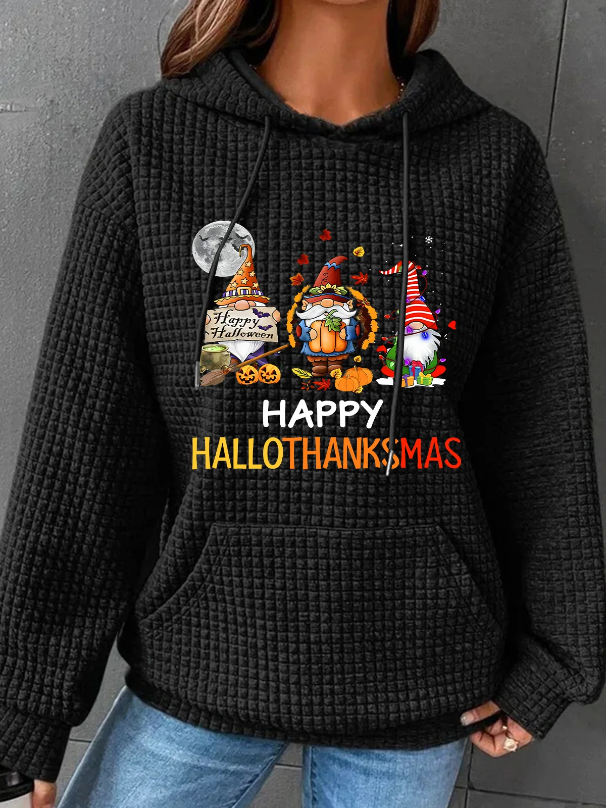 Happy Hallothanksmas Halloween Thanksgiving Christmas Gnome Simple Loose Hoodie