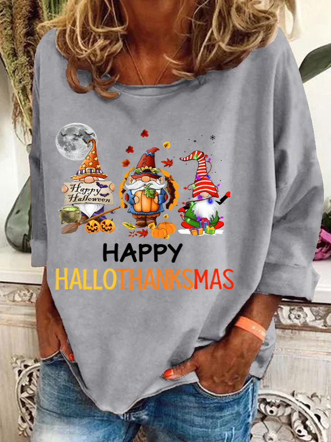 Happy Hallothanksmas Halloween Thanksgiving Christmas Gnome Casual Sweatshirt