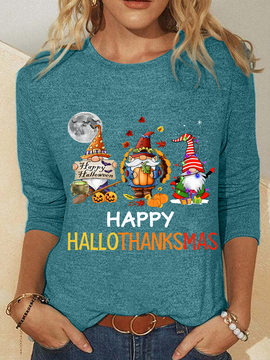 Happy Hallothanksmas Halloween Thanksgiving Christmas Gnome Casual Long Sleeve Shirt