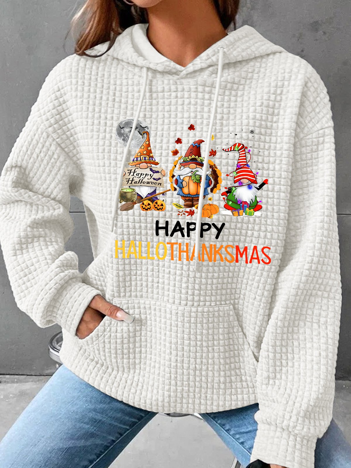 Happy Hallothanksmas Halloween Thanksgiving Christmas Gnome Simple Loose Hoodie