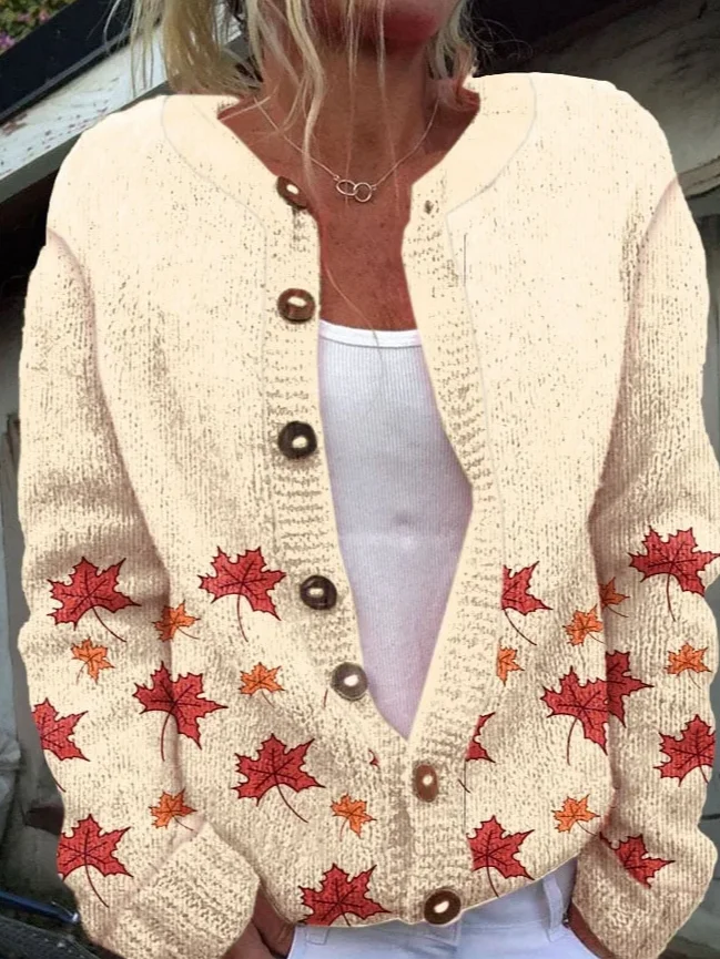 Women's Thanksgiving Fall Leaves Print Cozy Knit Cardigan