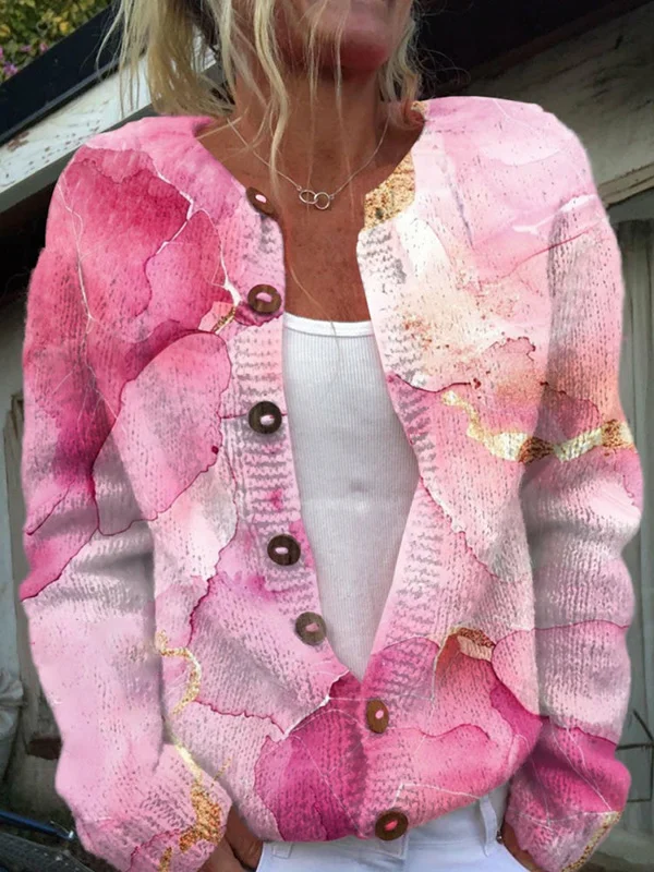 Pink Month Print Buttoned Cardigan