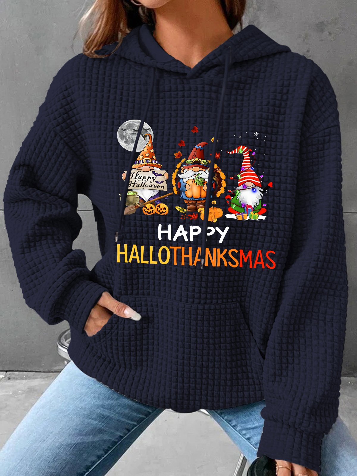 Happy Hallothanksmas Halloween Thanksgiving Christmas Gnome Simple Loose Hoodie