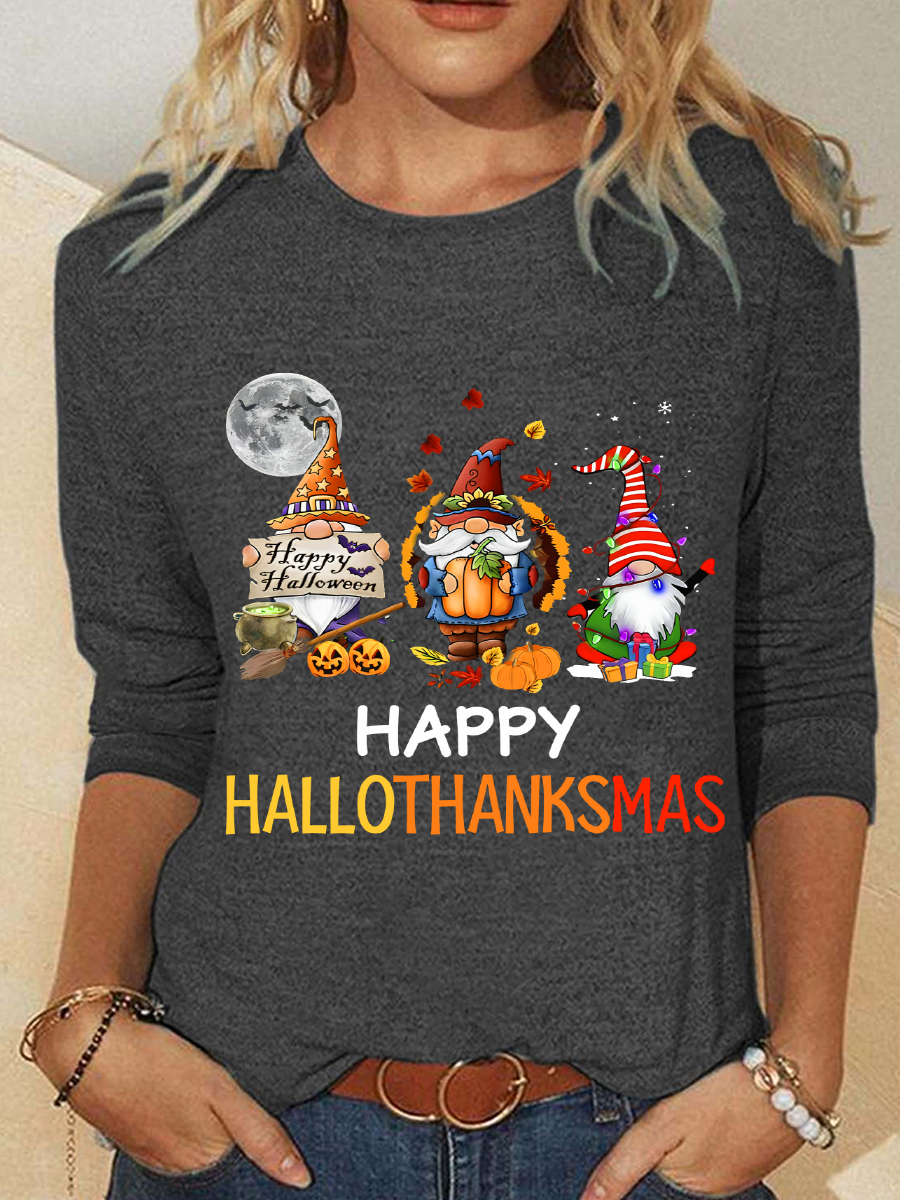 Happy Hallothanksmas Halloween Thanksgiving Christmas Gnome Casual Long Sleeve Shirt