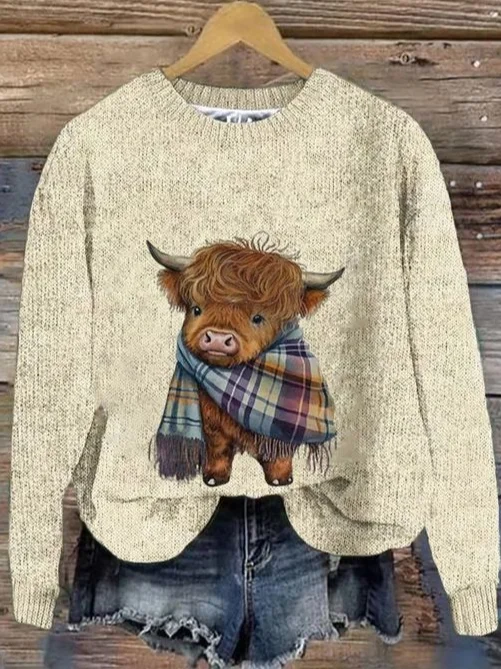 Women's West Highland Cow Print Loose Casual Knitted Sweater