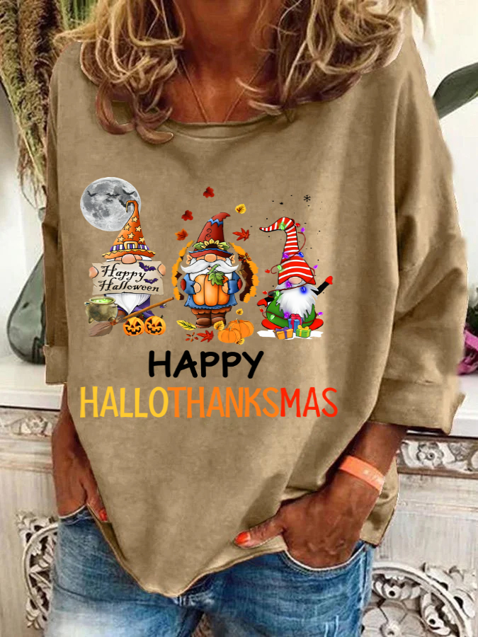 Happy Hallothanksmas Halloween Thanksgiving Christmas Gnome Casual Sweatshirt