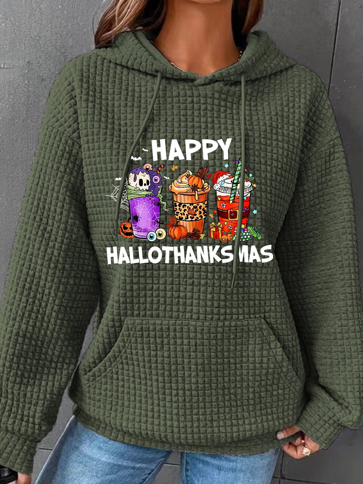 Happy Hallothanksmas For Coffee Lover Simple Loose Hoodie