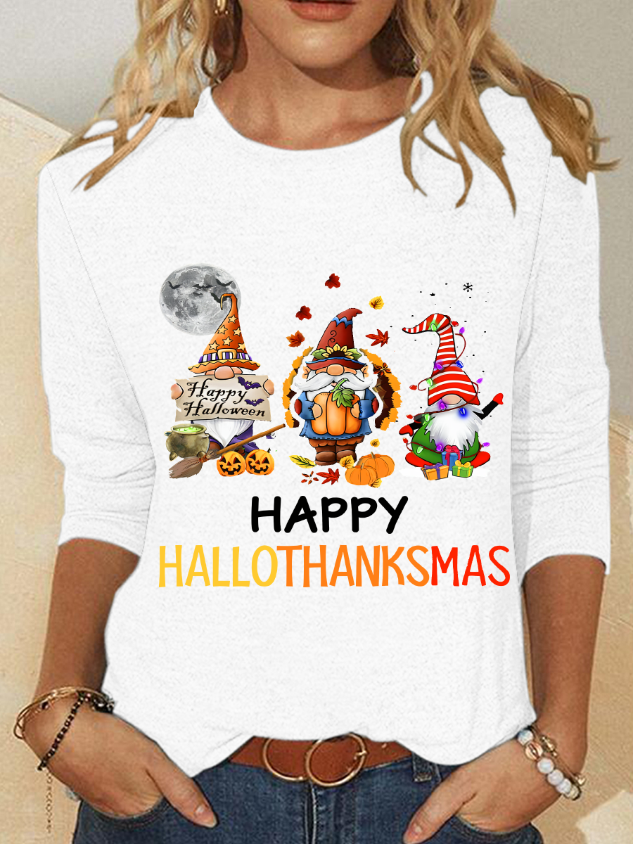 Happy Hallothanksmas Halloween Thanksgiving Christmas Gnome Casual Long Sleeve Shirt