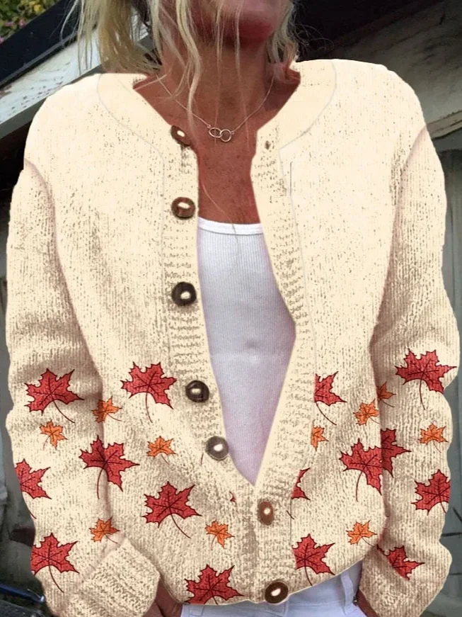 Women's Thanksgiving Fall Leaves Print Cozy Knit Cardigan