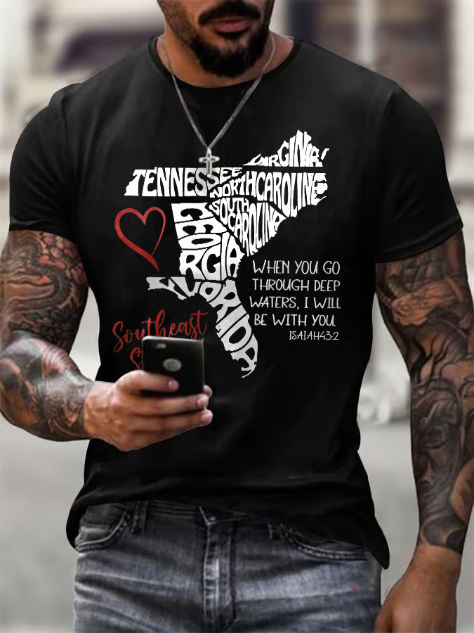 Men's Retro Southeast Strong When You Go Through Deep Waters, I Will Be With You Isaiah 43:2 Tennessee Georgia, South Carolina, North Carolina, , Virginia, Florida Print T-Shirt