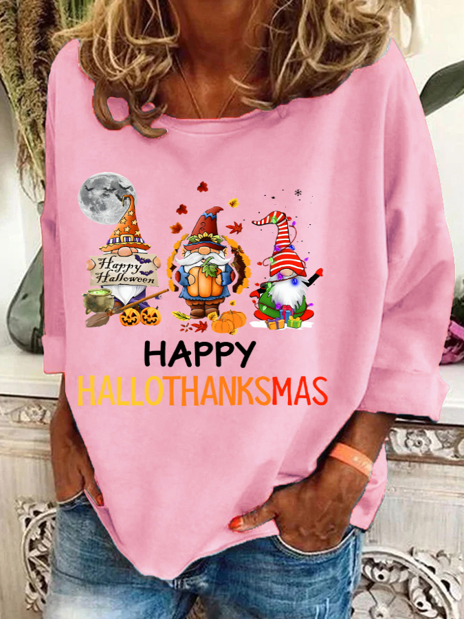 Happy Hallothanksmas Halloween Thanksgiving Christmas Gnome Casual Sweatshirt